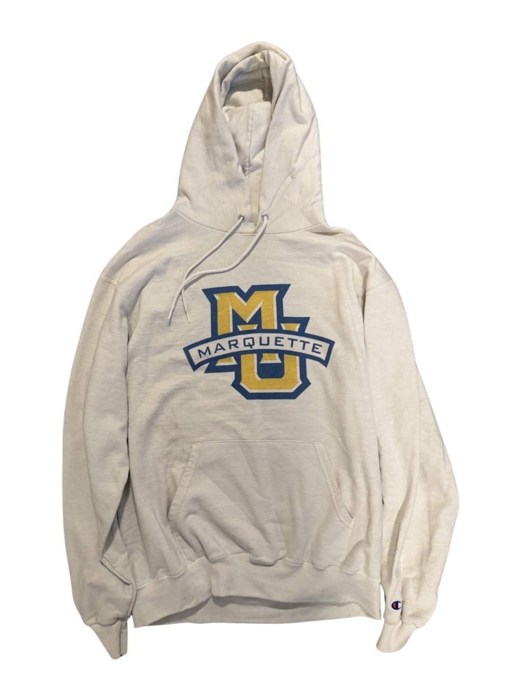 Champion White Marquette University Hooded Sweatshirt with Navy & Gold Logo